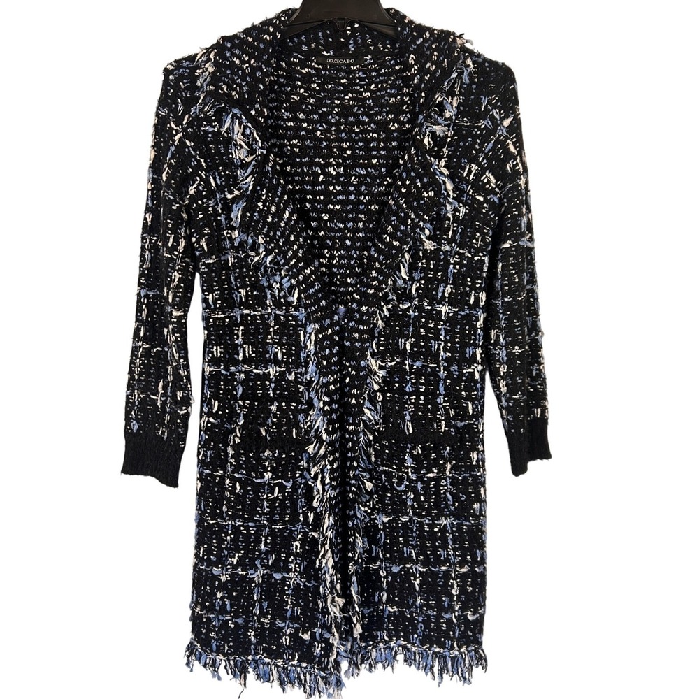 DOLCE CABO Black Blue White Textured‎ Knit Fringe Cardigan Sweater Coat Women